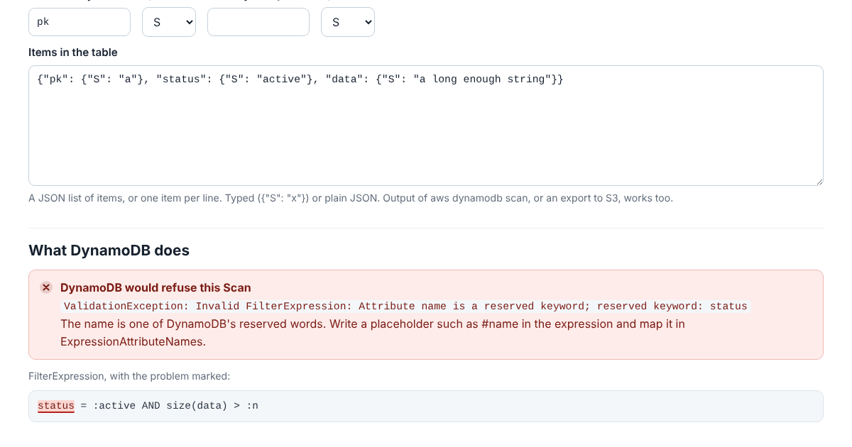 The Expression Tester refusing a Scan whose filter is status = :active AND size(data) > :n: DynamoDB’s ValidationException says status is a reserved keyword, the tester explains how to write a placeholder instead, and the word status is marked in the expression.
