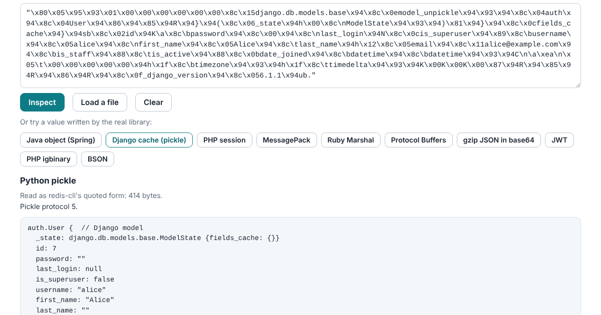 The Value Inspector with a Django cache entry pasted the way redis-cli printed it, 414 bytes of escapes, decoded as a protocol 5 pickle of an auth.User model with its id, username and other fields.